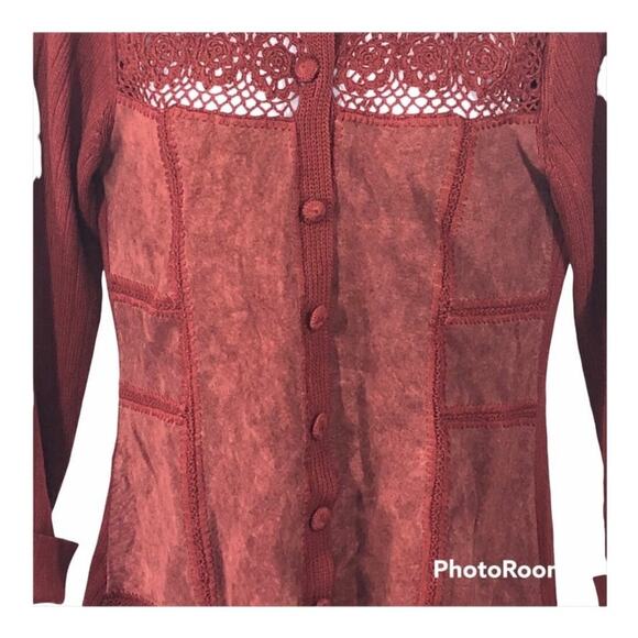 J. Jill Rustic Red Crochet Wool & Suede Patchwork Long Cardigan Sweater Jacket - Picture 4 of 16